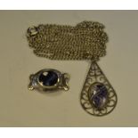 A Blue John and silver coloured metal pierced tear drop pendent,