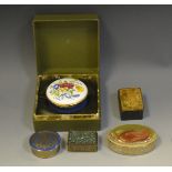 Boxes and Objects - a 19th century papier mache snuff box; others stone and brass,
