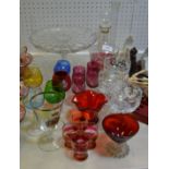 Glassware - Cranberry glass sweat meat dish; decanter and liqueur glasses; cake stand;