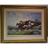 Steeple Chasers, large coloured print, signed in pencil,