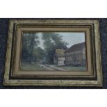 French School (early 20th century) Tudor Framed Farm Buildings, with chickens oil on board,