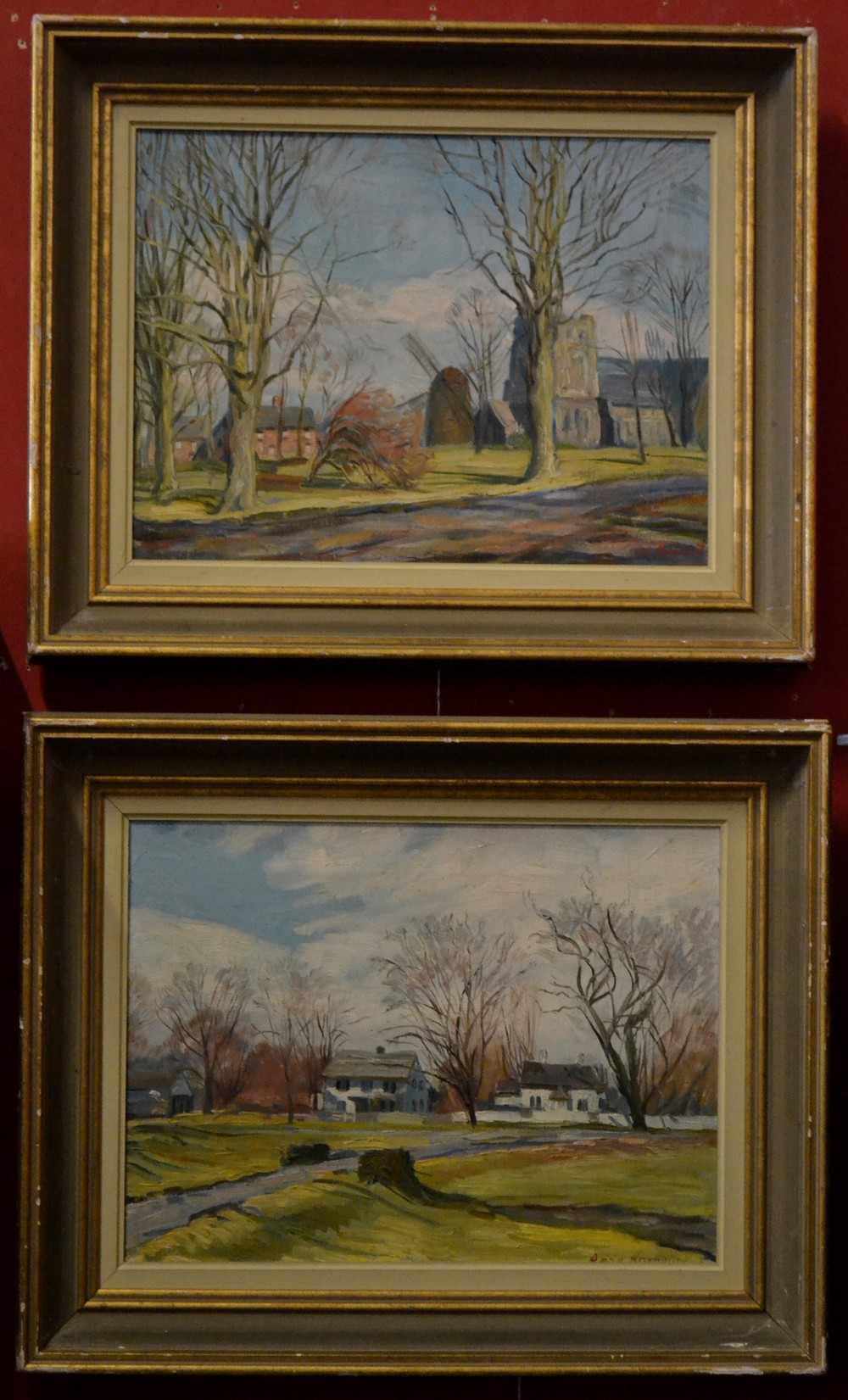 Anne Harcourt (American mid-20th century) A pair, Suburbs in the Fall signed,