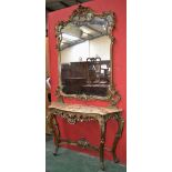 A pier mirror, gilt framed mirror, marble topped base, X-frame stretchers.