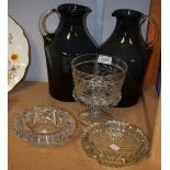 Glassware - a pair of Whitefriars blue tinted water jugs; cut glass pedestal vase; etc.