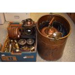 Metalware - an LNER black and copper signalling lamp; log box; jug; kettle; etc.