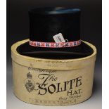 A London West End Style brushed velvet top hat in retailers hat box