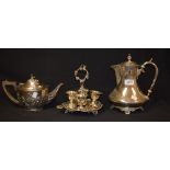 A silver plated teapot, gadrooned and foliate embossed; a silver plated coffee pot,