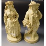 A pair of 19th Century pottery figures, Gallant and companion, gilt highlights, unmarked,