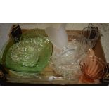 Glassware - green glass blown bowl; rose printed serving tray;