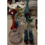 A 1960s Murano blue frosted glass decanter and drinking tot set; a Murano glass bird;