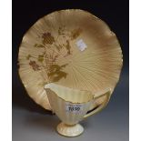 A Royal Worcester blush plate, 1889, impressed and gilded decoration; a Worcester helmet jug,