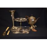 A silver plated comport; coffee pot; fish servers; cutlery; etc.