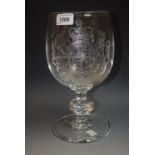 A large Tutbury commemorative goblet, engraved with crest, the verso Elizabeth R 1953,