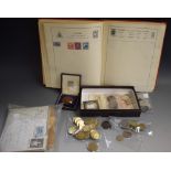 Stamps and Coins - a school child collection; European coinage; a presentation medallion; etc.