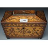 A post Regency rosewood and marquetry sarcophagus tea caddy, hinged cover enclosing two divisions,