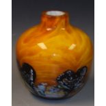 A Murano style ovoid vase, decorated with scrolls in black and white the ground in ochre,