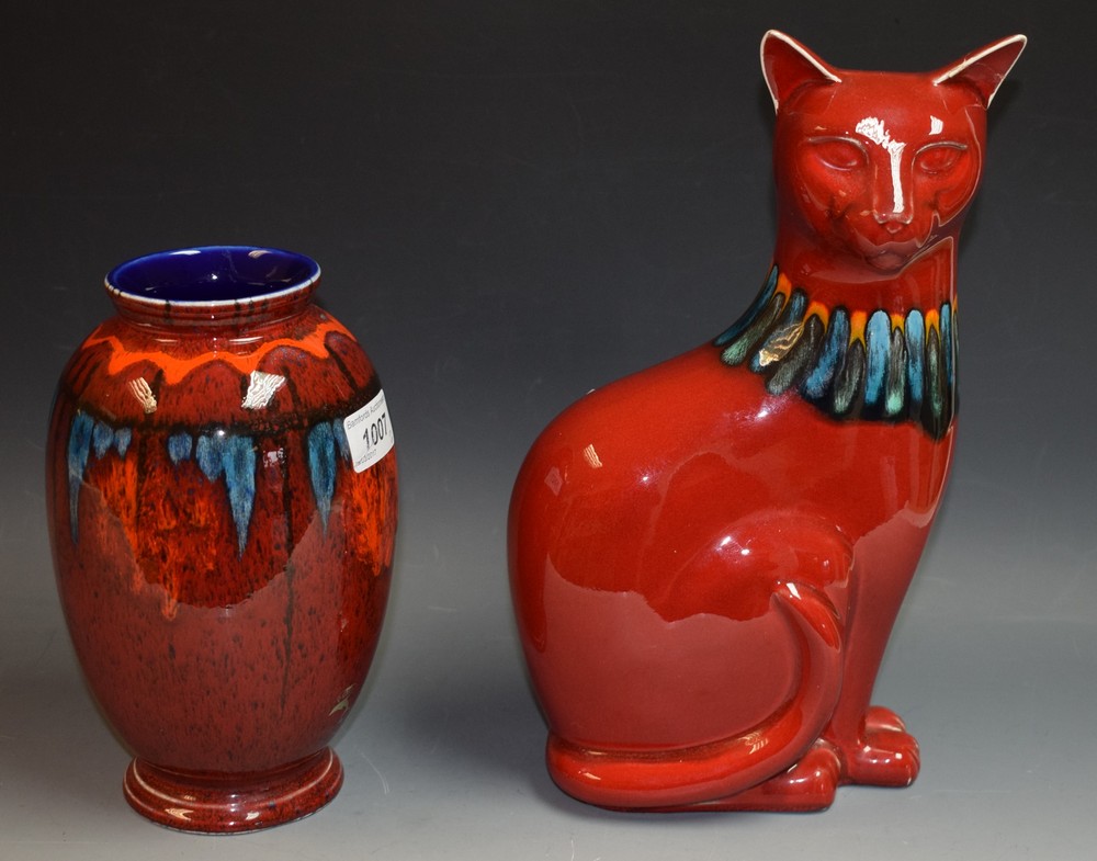Poole Pottery - a red glazed cat, turquoise and orange drip glazed neck decoration,