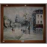 Oil on board, Twentieth Century, impressionistic cityscape with figures,