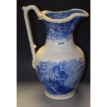 A 19th Century blue and white water jug, transfer printed in the cottage bairns pattern,