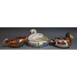 Royal Crown Derby paperweights - a white swan; a mallard; a coot; all gold stoppers,