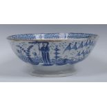 A 19th century Pearlware bowl, the exterior decorated in blue with stylised pagoda,