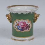 A 19th century Coalport flared cylindrical spill vase, painted with flowers on a green ground,
