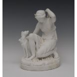 A Parian figure, Diana, kneeling, with her hound getting an arrow out of her quiver, oval base,