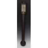 A Regency mahogany and barber pole strung stick mercury, silvered scale with alcohol thermometer,