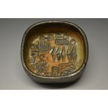 A Studio Pottery terracotta rounded square dish,