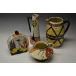 A Lorna Bailey Beach pattern tapered cylindrical jug, 26cm high, painted mark; other jugs,