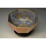 A Wedgwood Fairyland Lustre octagonal bowl, the interior glazed in mottled blue,