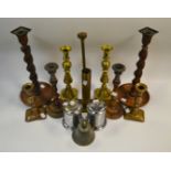 A pair of barley twist candlesticks ; others; a pair of 19th century ejector candlesticks;