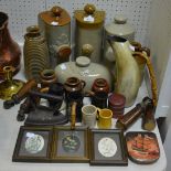 Boxes and Objects - stoneware, including hot water bottles, jugs, a flagon; a large horn jug,