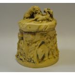 A French biscuit porcelain tobacco jar and cover , moulded with a Wild Boar hunt scene c.