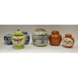 A 19th century Chinese tea jar; blue and white ginger jars;