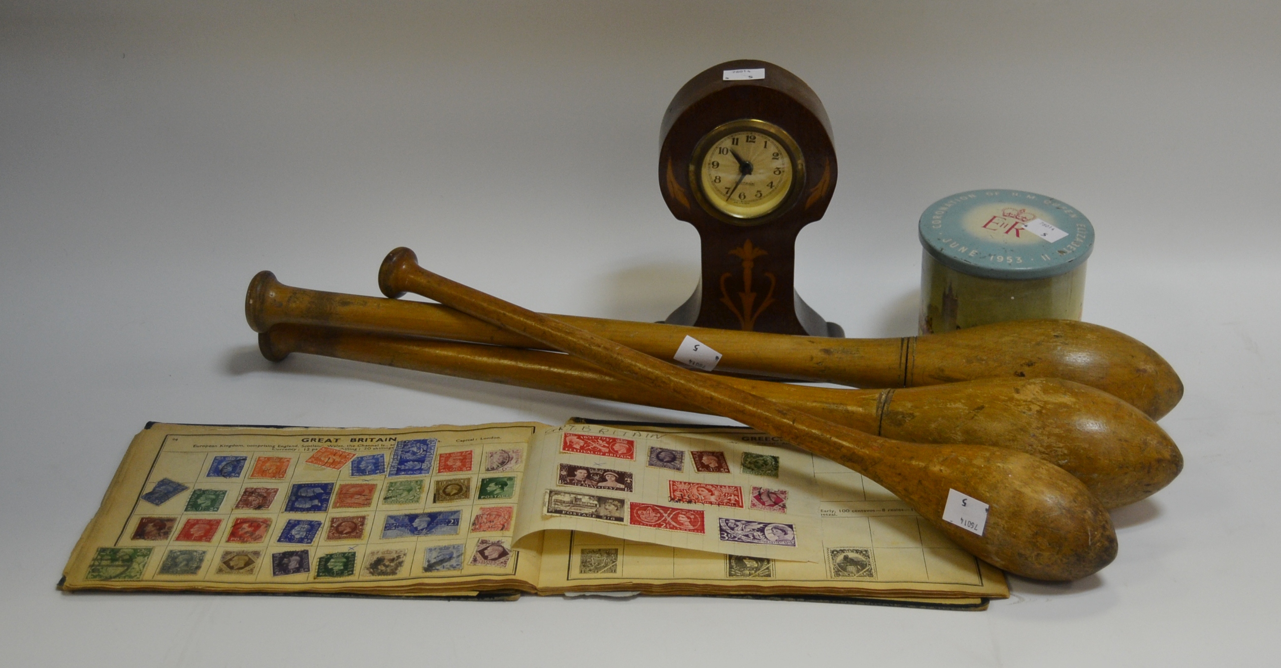 Ephemera - an Edwardian mahogany mantel clock; a schoolboy stamp collection;