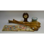 Ephemera - an Edwardian mahogany mantel clock; a schoolboy stamp collection;