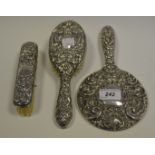 A Victorian style silver three piece dressing table set,