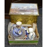 Household - a brass log bin; a pair of brass miniature candlesticks; a glass swan;