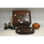 A Victorian mahogany workbox; a pair of early 20th century Opera glasses;