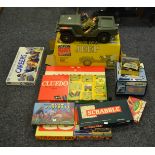 Toys - an Action Man and Jeep; Board Games, Scramble, Monopoly, Cludo, Travel Go, Tell Me,