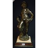 A bronze effect figure of a boy with umbrella, mounted on plinth,