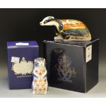 Royal Crown Derby paperweight - Moonlight Badger, boxed, gold stopper; Chipmunk, boxed,