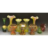 Glassware - Monart type vases; a pair of green vaseline glass vases; cranberry glass jug;