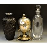 A Chinese black lacquer ovoid vase decorated with a dragon; a Robert Mondavi for Waterford decanter;