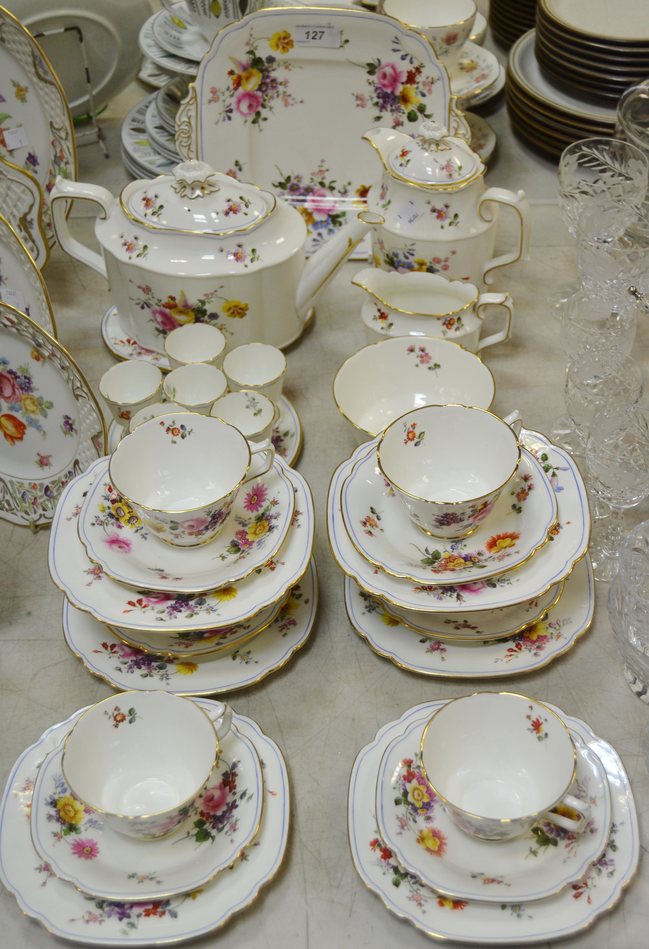 A Royal Crown Derby Blue Line Posies pattern tea service, for six, comprising teapot and stand,