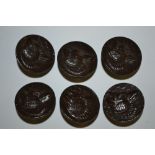 A set of six French bronze coloured metal fox head buttons, each 23mm diameter,