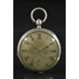 A continental 935 silver open face pocket watch, silvered floral dial, raised Roman numerals,