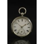 A Victorian silver open face pocket watch, white enamel dial, bold Roman numerals, minute track,