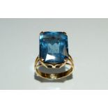 A French Art Deco style blue topaz ring, rectangular blue topaz measuring 16.5mm x 12.